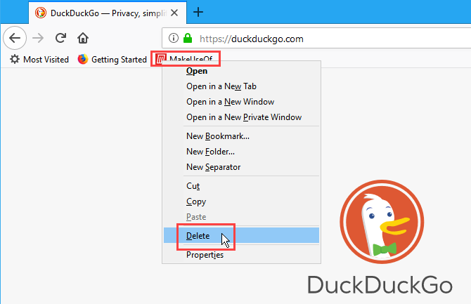 Right-click on a bookmark in Firefox and select Delete