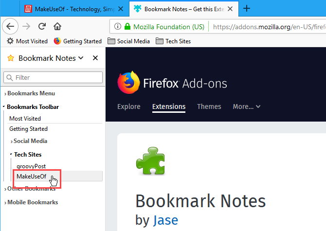Click a bookmark in the Bookmark Notes add-on in Firefox