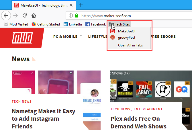 Access bookmarks in a folder on the Bookmarks bar in Firefox