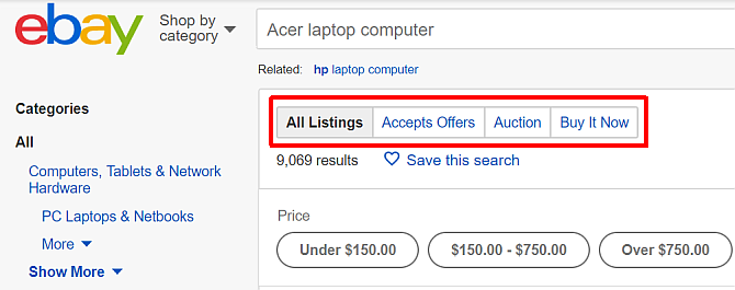 ebay online shopping types of listings