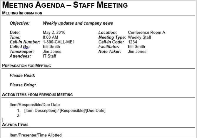 Staff meeting agenda