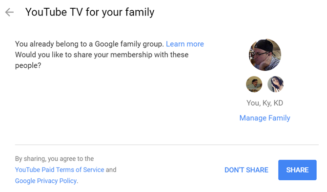 sharing youtube tv with family