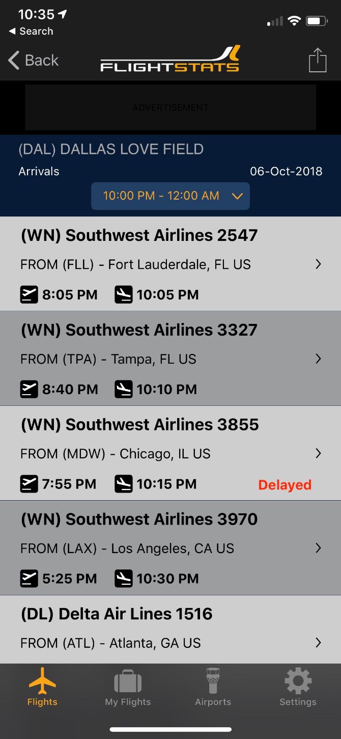 FlightStats Airport screen