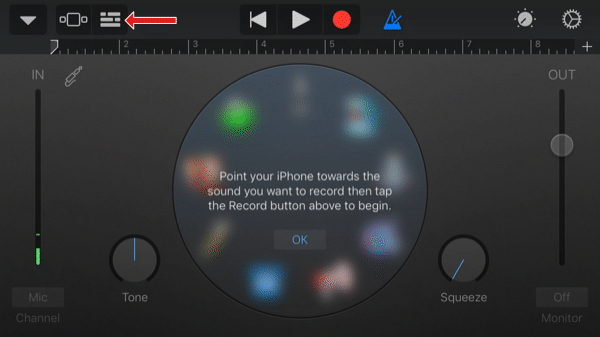 GarageBand app audio recorder screen