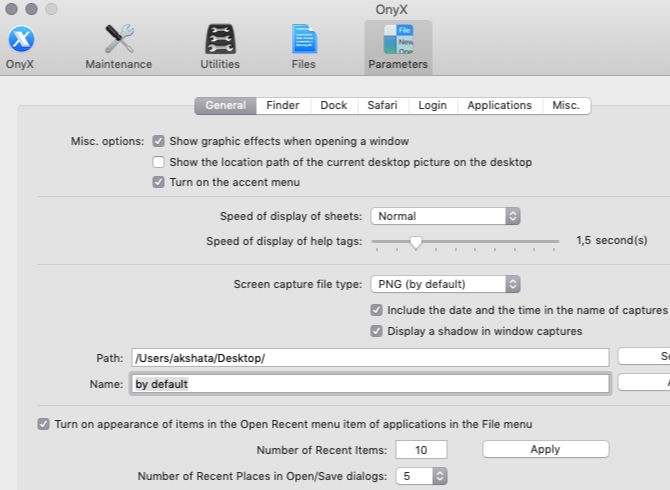 Parameters pane displaying General category in Onyx settings on macOS