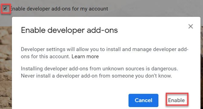 enable gmail developer add-ons