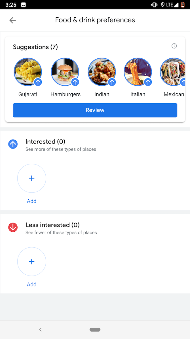 Google Maps Food and Drink Preferences