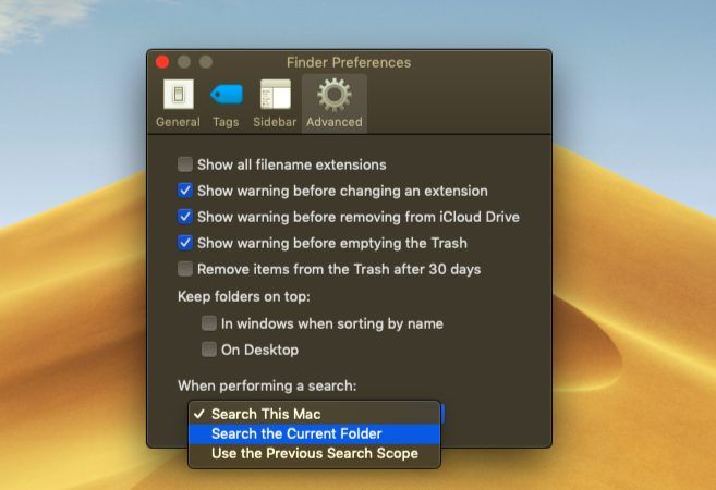 Setting custom search options on macOS Finder