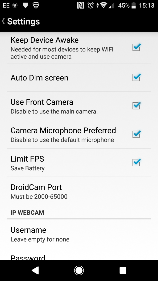 Droidcam Settings screen