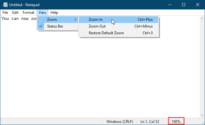Zoom menu in Notepad
