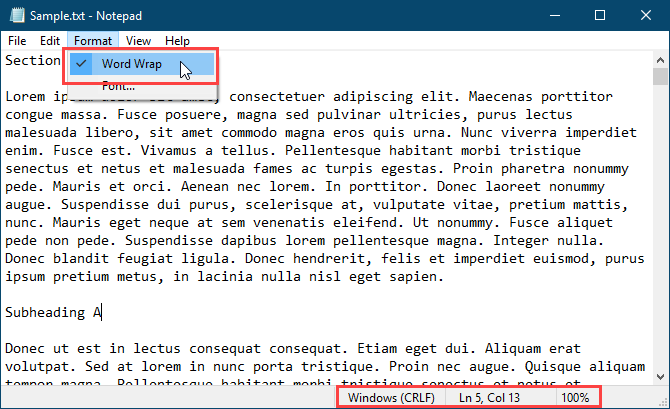 Word wrap enabled with Status Bar showing in Notepad