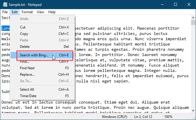 Search with Bing in Notepad