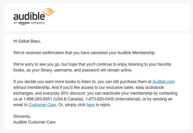 Audible Cancellation Mail