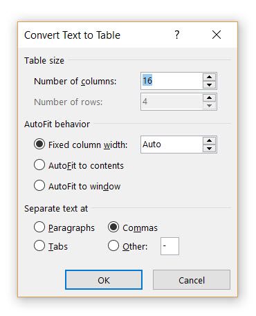 Specify rows and columns for table.