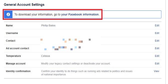 Le impostazioni generali dell'account di Facebook consentono di scaricare tutte le informazioni personali