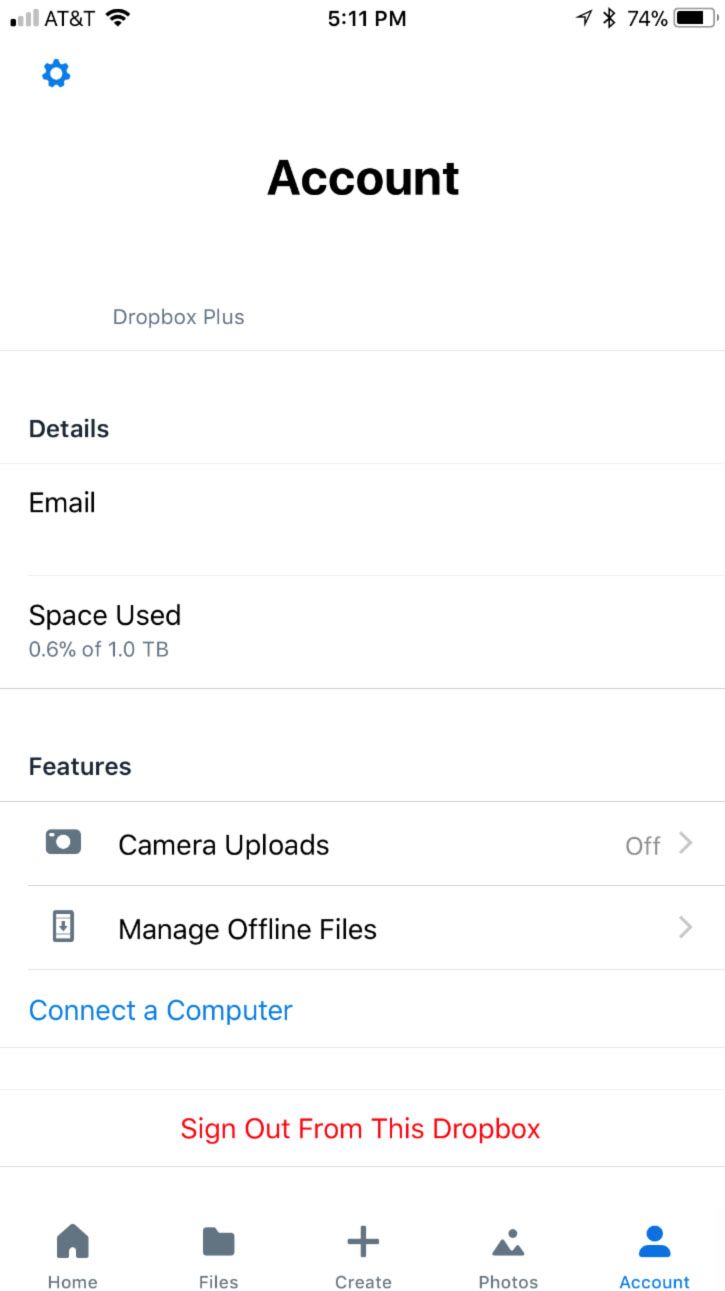 Dropbox Account Page in App