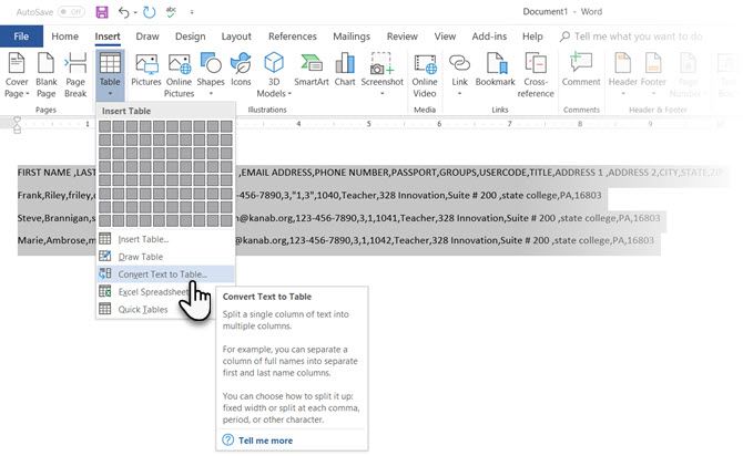 Microsoft Word Convert Text to Table