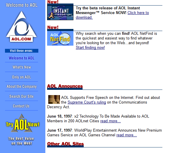 Screenshot of AOL's website in 1997