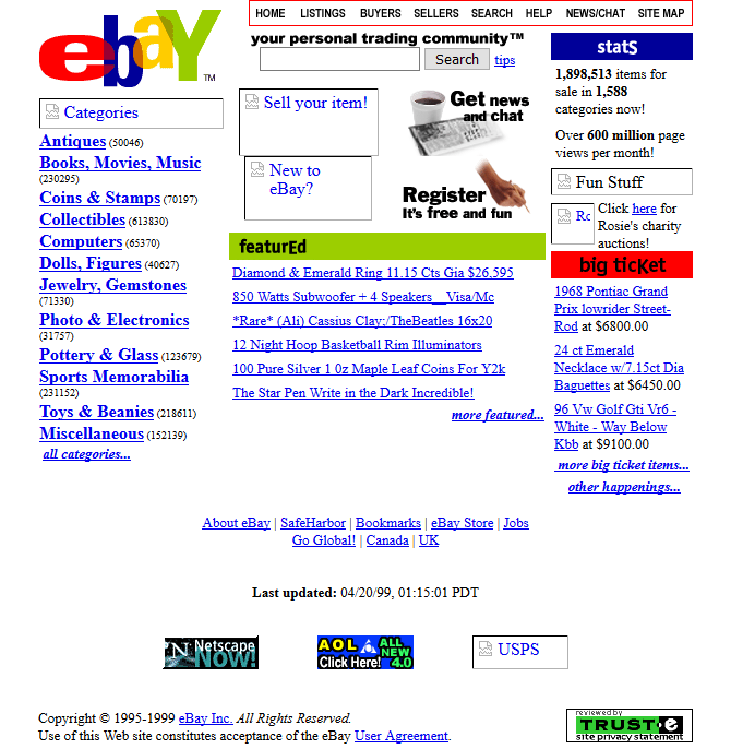 A screenshot of eBay in 1999