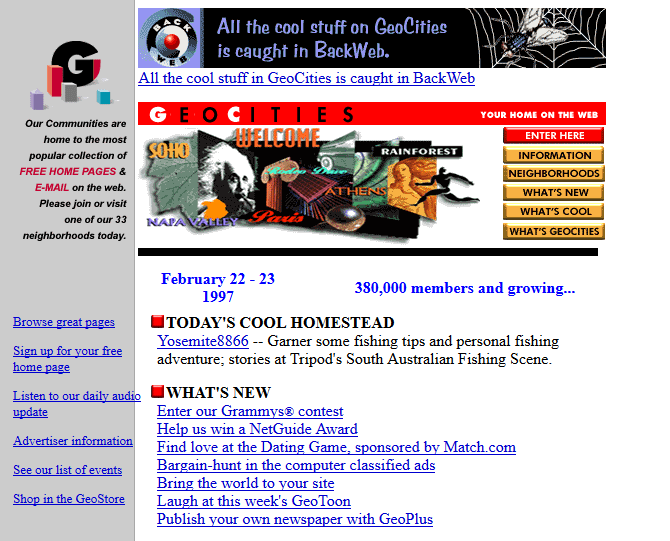 Screenshot of GeoCities' website in 1997