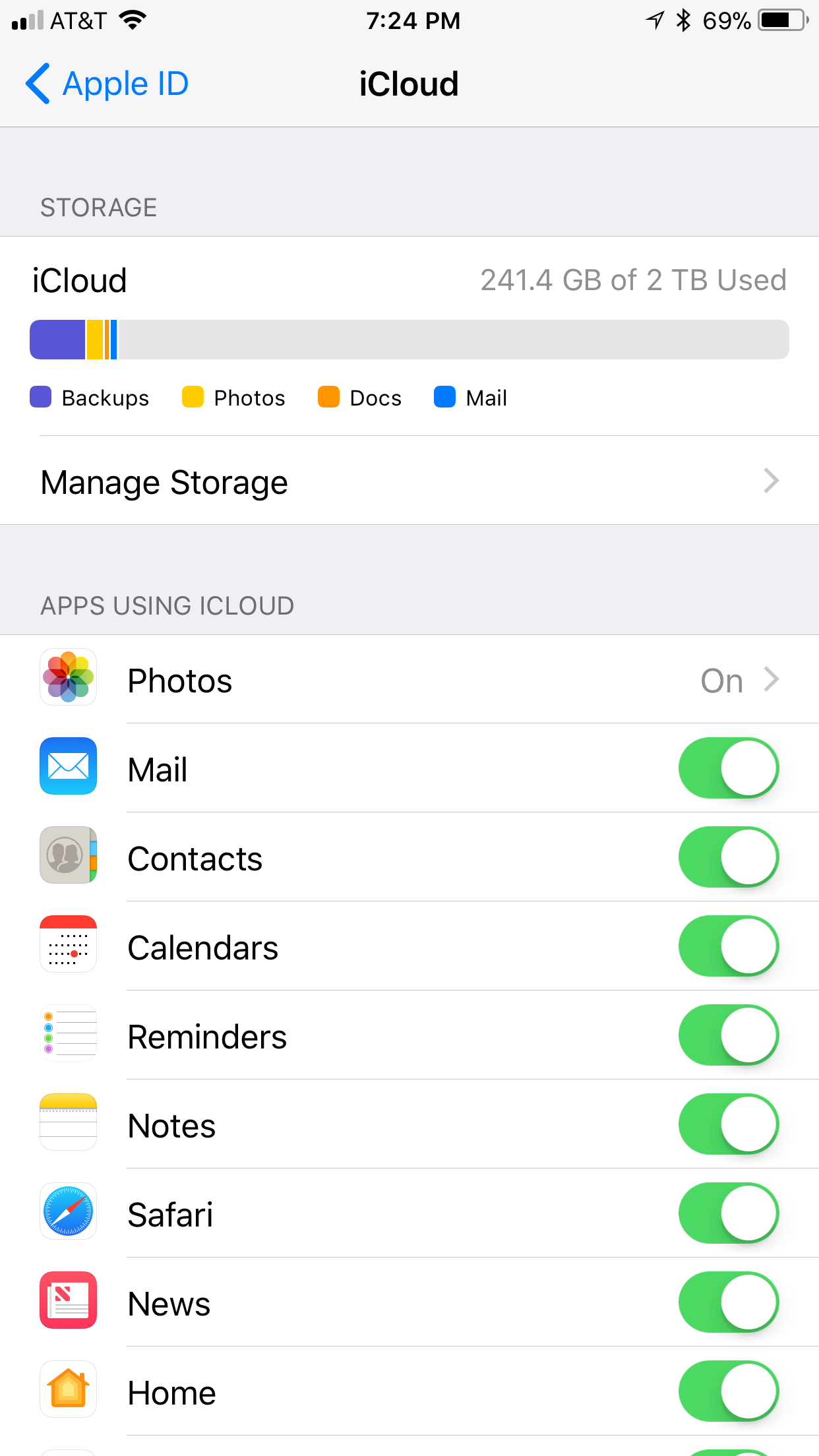 iCloud Screen in Settings iOS