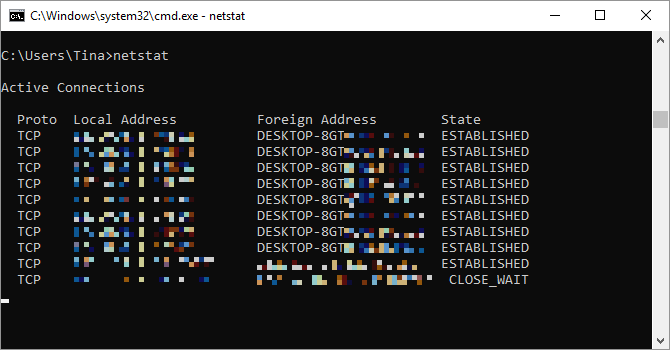 Netstat command run on Windows.
