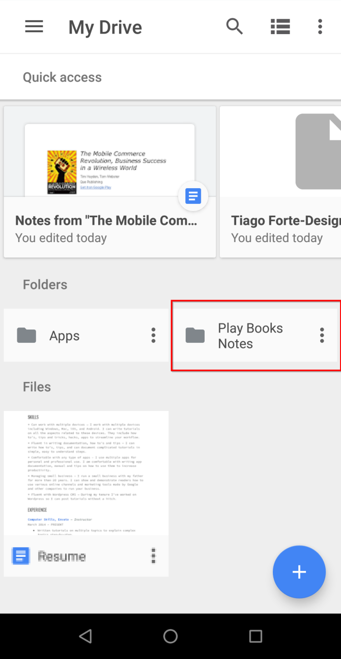 play books notes folder in google drive