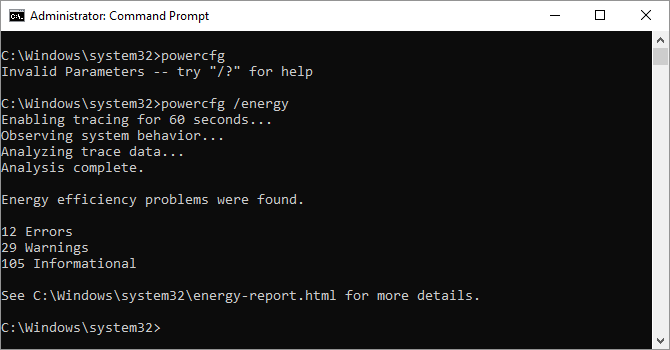 Powercfg energy command in Administrator command prompt on Windows 10.