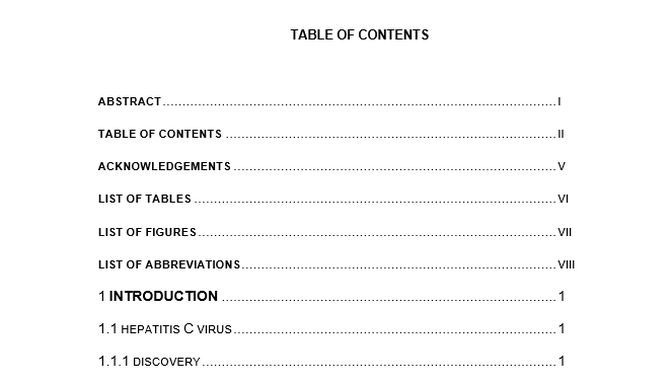 table of contents word document download
