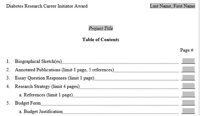 project table of contents