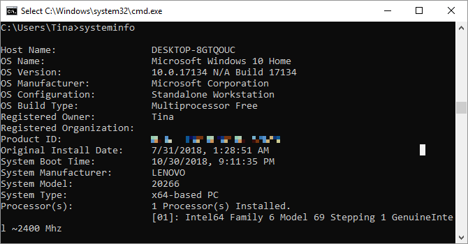 Systeminfo command as seen on Windows 10.