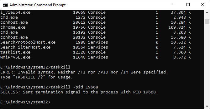 Taskkill command options available on Windows 10.