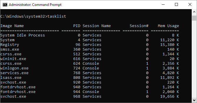 Tasklist command as shown in Windows command prompt window.