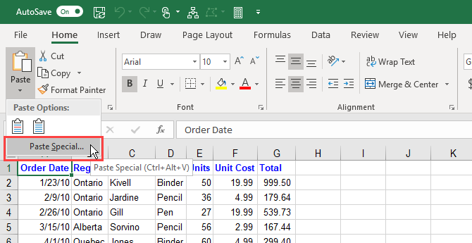 Paste Special option on the Home tab on the Excel ribbon