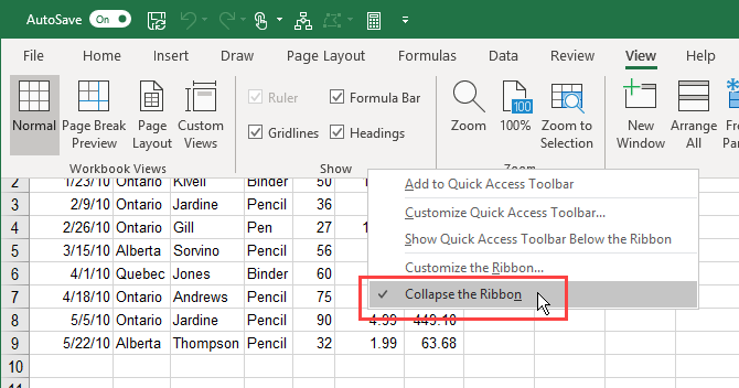 Collapse the Ribbon option on Excel ribbon right-click menu