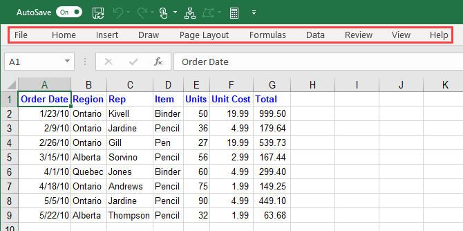 Collapsed Excel ribbon with tabs showing