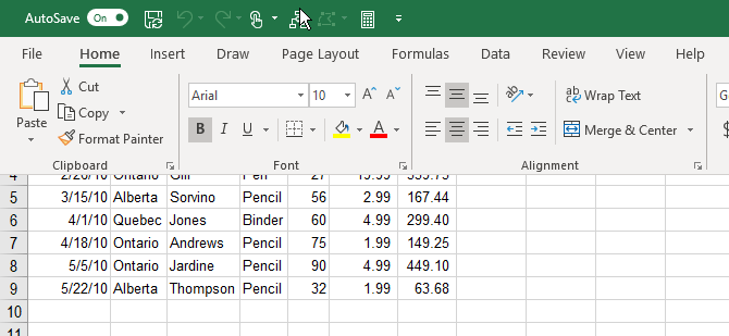Excel ribbon dropped down over worksheet