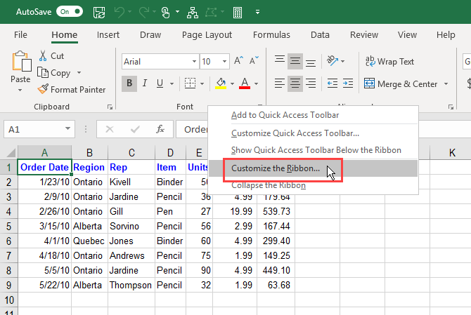 Select Customize the Ribbon on the Excel ribbon right-click menu