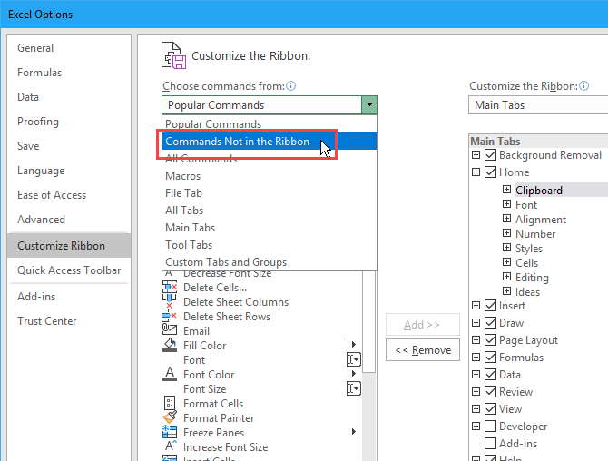 Select Commands Not in the Ribbon on the Excel Options dialog box