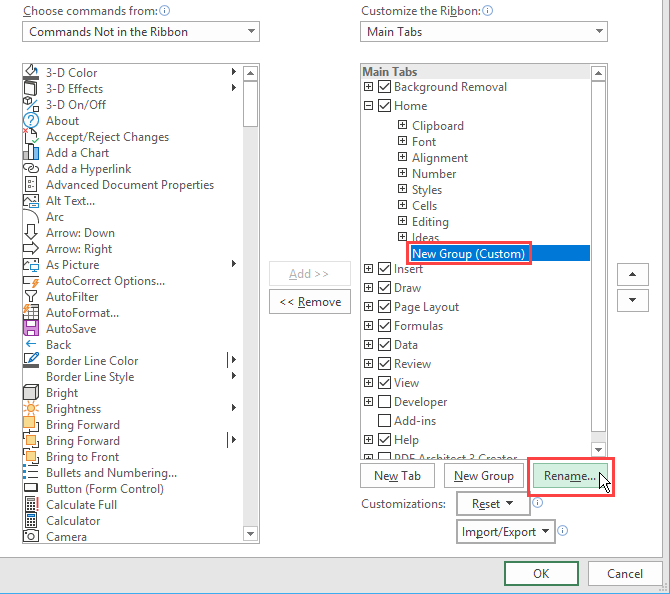 Click Rename to rename a group on the Excel ribbon