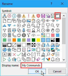 Rename dialog box for renaming a group on the Excel ribbon