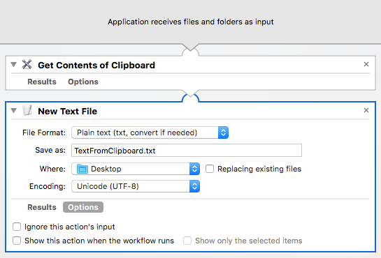 Application in Automator on Mac to copy Clipboard content into a text file
