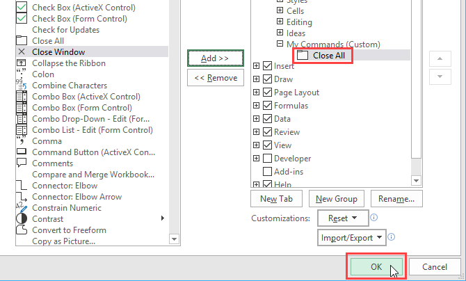 Close the Excel Options dialog box