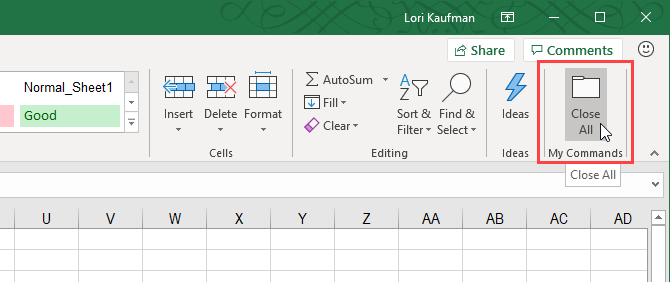 Command added to a custom group on the Home tab on the Excel ribbon