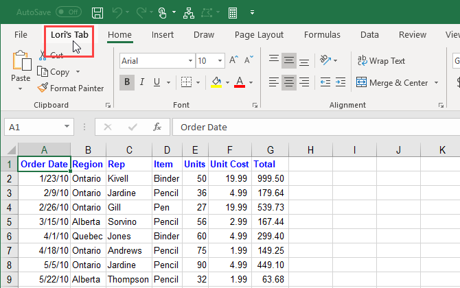 Custom tab moved on the Excel ribbon