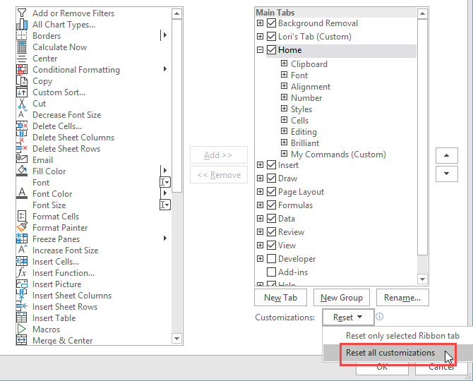 Reset all customizations on the Excel ribbon