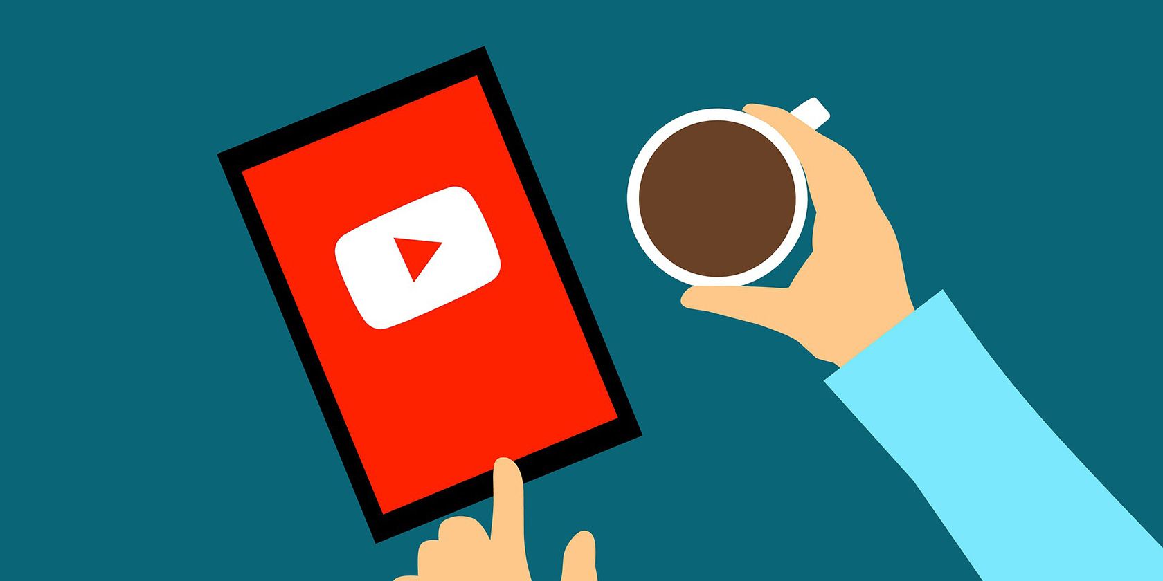 Cartoon image of YouTube logo on tablet with hand around a mug of coffee
