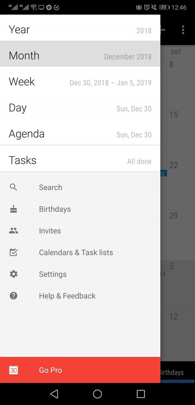 business calendar 2 app menu