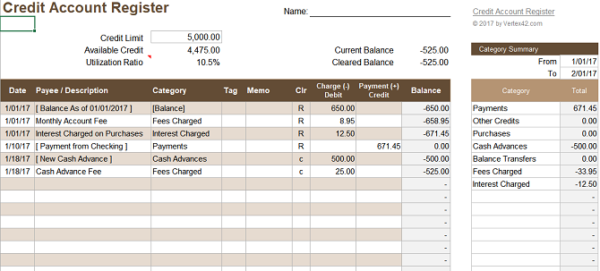 credit register free spreadsheet