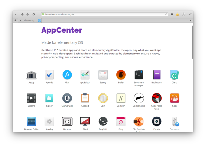 AppCenter apps in a browser window on elementaryOS "Juno"